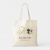 Navy Gold Wine Floral Custom Wedding Bridal Party Tote Bag (Achterkant)