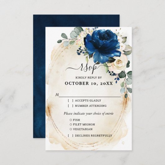 Navy Gold Witte Champagne Ivoor Rozen RSVP (Voorkant / Achterkant)
