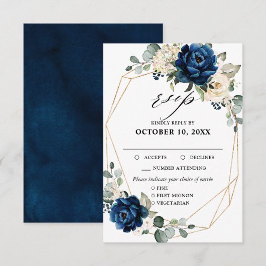 Navy Gold Witte Champagne Ivoor Rozen RSVP (Voorkant / Achterkant)