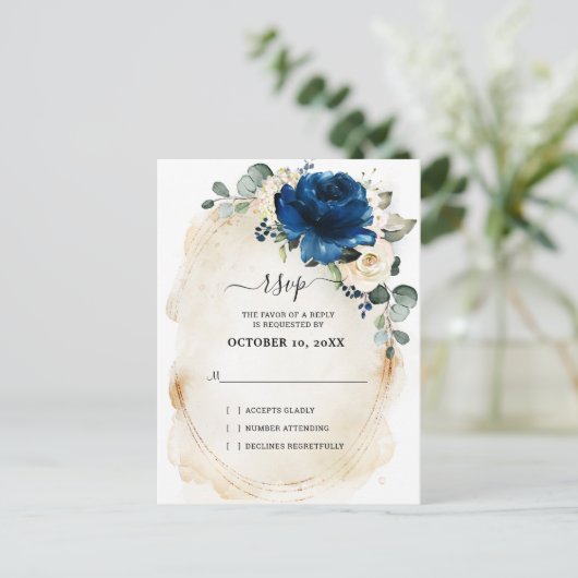 Navy Gold Witte Champagne Ivoor Rozen RSVP Briefkaart (Staand voorkant)