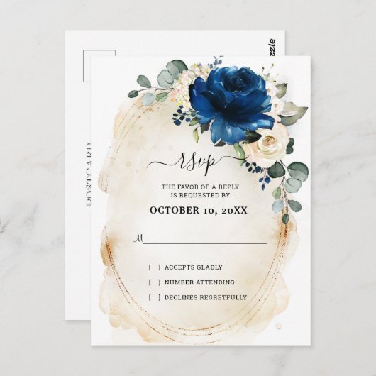 Navy Gold Witte Champagne Ivoor Rozen RSVP Briefkaart (Voorkant / Achterkant)