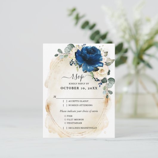 Navy Gold Witte Champagne Ivoor Rozen RSVP Briefkaart (Staand voorkant)