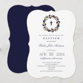 Navy Gold Wreath boy baptisme-uitnodiging Kaart (Voorkant / Achterkant)