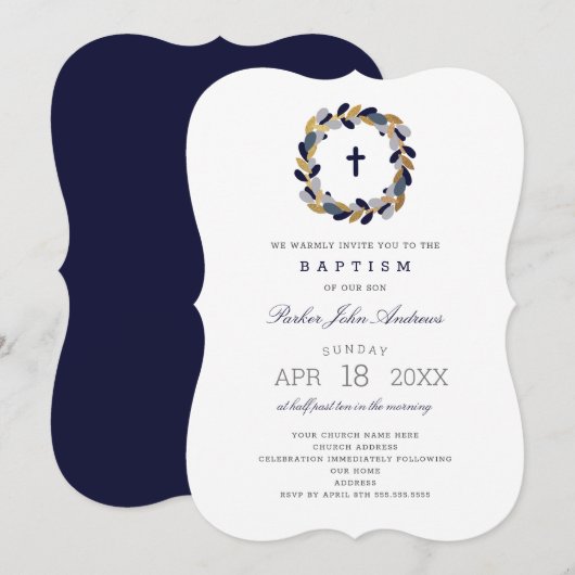 Navy Gold Wreath boy baptisme-uitnodiging Kaart (Voorkant / Achterkant)