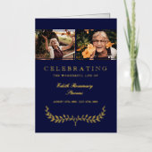 Navy Gold Wreath Celebrating Life Funeral Programm Folie Wenskaart (Voorkant)