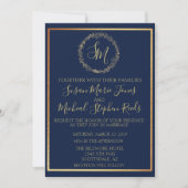 Navy Gold Wreath Monogram Calligraphy Wedding Kaart (Voorkant)