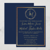 Navy Gold Wreath Monogram Calligraphy Wedding Kaart (Voorkant / Achterkant)