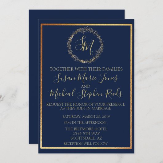 Navy Gold Wreath Monogram Calligraphy Wedding Kaart (Voorkant / Achterkant)