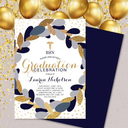 Navy Gold Wreath Nurse Afstudeerfeest Kaart