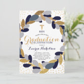 Navy Gold Wreath Nurse Afstudeerfeest Kaart (Staand voorkant)