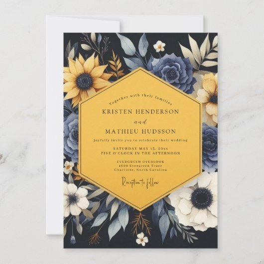 Navy Golden Botanical Wedding Kaart (Voorkant)