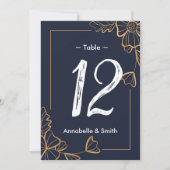Navy & golden floral table number kaart (Voorkant)