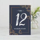 Navy & golden floral table number kaart (Staand voorkant)