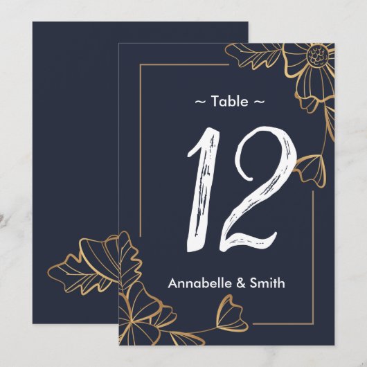 Navy & golden floral table number kaart (Voorkant / Achterkant)