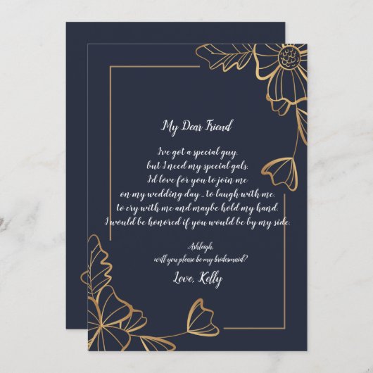 Navy & Golden Florial wordt mijn bruidsmeisje Kaart (Voorkant / Achterkant)