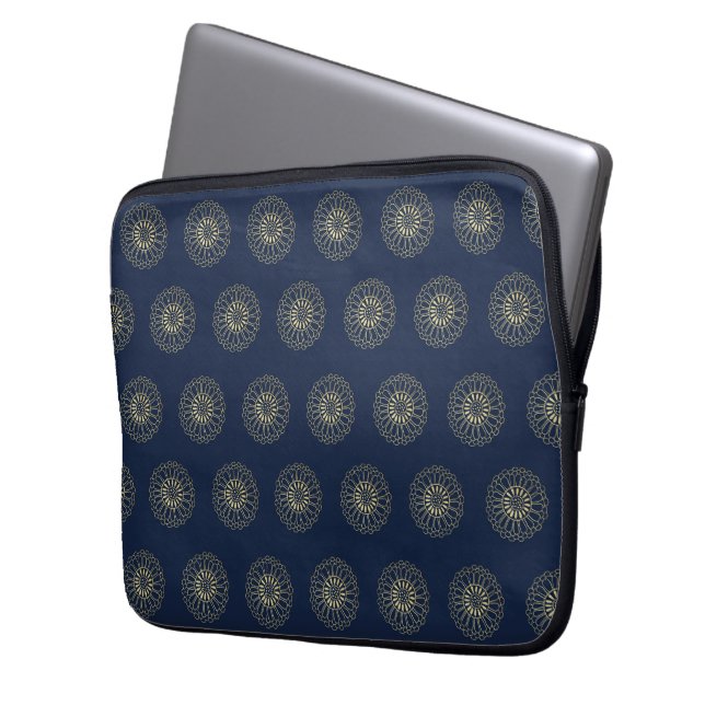 Navy | Golden Zinnia Flower Medallions Laptop Sleeve (Voorkant Links)