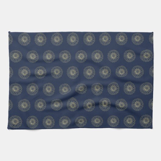 Navy | Golden Zinnia Flower Medallions Theedoek (Horizontaal)