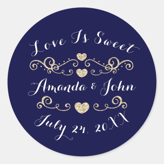 Navy GoldHearts Save the Date Love is Sweet Ronde Sticker (Voorkant)