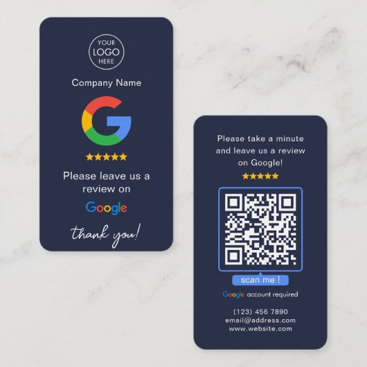 Navy Google Reviewen QR Code Business Review US Visitekaartje (Voorkant / Achterkant)