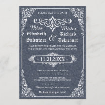 Navy Gothic Victoriaans Damask Save the Dates