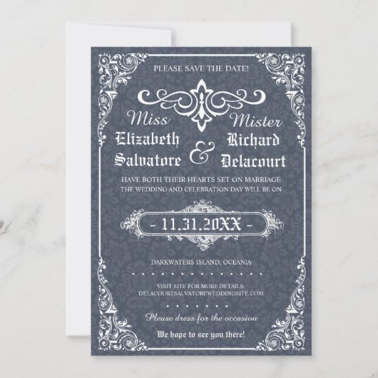 Navy Gothic Victoriaans Damask Save the Dates Save The Date (Voorkant)