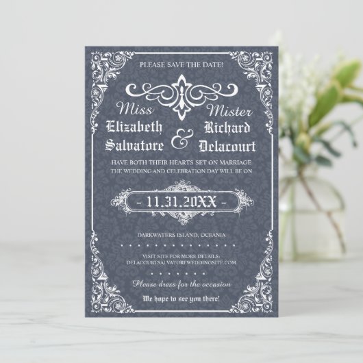 Navy Gothic Victoriaans Damask Save the Dates Save The Date (Staand voorkant)