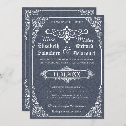 Navy Gothic Victoriaans Damask Save the Dates Save The Date (Voorkant / Achterkant)