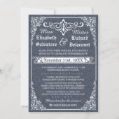Navy Gothic Victoriaans Damask Wedding Invitation Kaart (Voorkant)