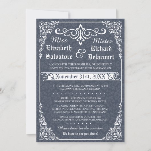 Navy Gothic Victoriaans Damask Wedding Invitation Kaart (Voorkant)