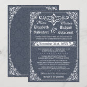 Navy Gothic Victoriaans Damask Wedding Invitation Kaart (Voorkant / Achterkant)