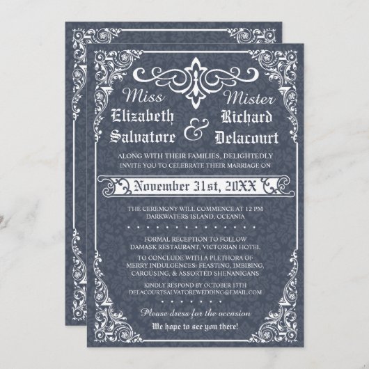 Navy Gothic Victoriaans Damask Wedding Invitation Kaart (Voorkant / Achterkant)