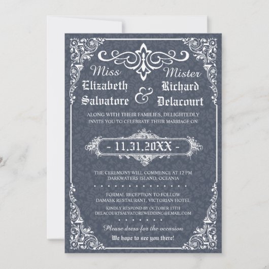 Navy Gothic Victoriaans Damask Wedding Invites Kaart (Voorkant)
