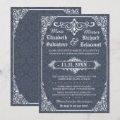 Navy Gothic Victoriaans Damask Wedding Invites Kaart (Voorkant / Achterkant)