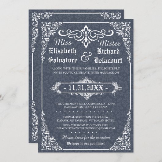 Navy Gothic Victoriaans Damask Wedding Invites Kaart (Voorkant / Achterkant)