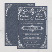 Navy Gothic Victoriaans Damask Wedding Invites