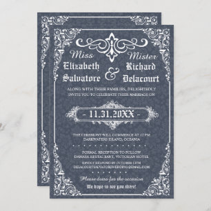Navy Gothic Victoriaans Damask Wedding Invites Kaart
