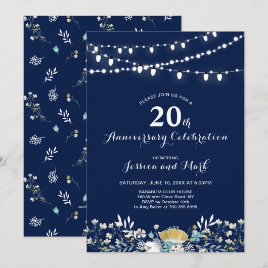 Navy & Goud 20e trouwjubileum uitnodiging (Voorkant / Achterkant)