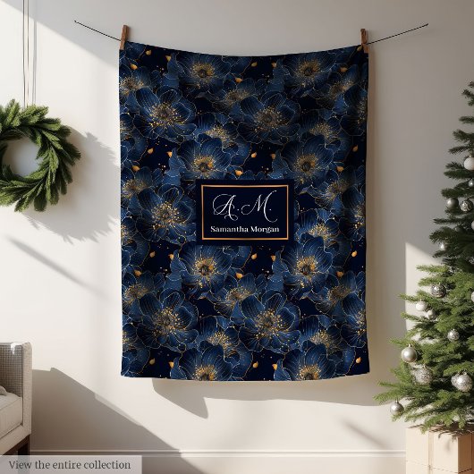 Navy Goud Aangepaste Dekent Lux Bloem Worp Stijl Fleece Deken