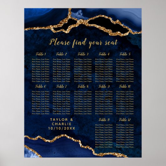 Navy Goud Agaat Trouw Zitplaatskaart 12 Tafels Poster (Voorkant)