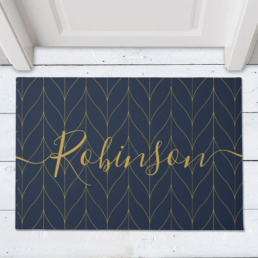 Navy Goud Art Deco Blad Gepersonaliseerde Familien Deurmat