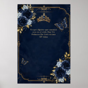 Navy Goud Bloem Vlinder Quinceañera Poster