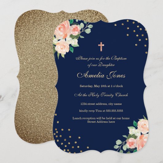 Navy Goud Bloemen Confetti Doopfeest Kaart (Voorkant / Achterkant)