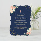 Navy Goud Bloemen Confetti Doopfeest Kaart (Staand voorkant)