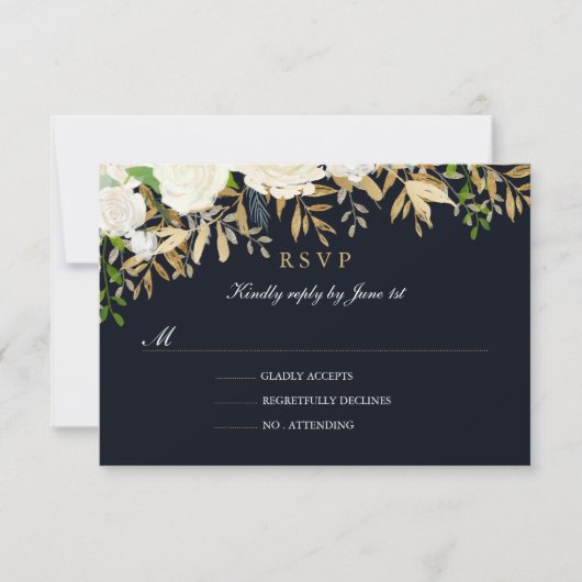 Navy Goud Bloemen Waterverf Bruiloft RSVP Kaartje (Voorkant)