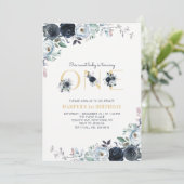 Navy & Goud Boho Bloem 1e Eerste Verjaardagsfeestj Kaart (Staand voorkant)