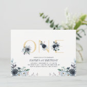 Navy & Goud Boho Bloemstuk Eerste 1e Verjaardagsfe Kaart (Staand voorkant)