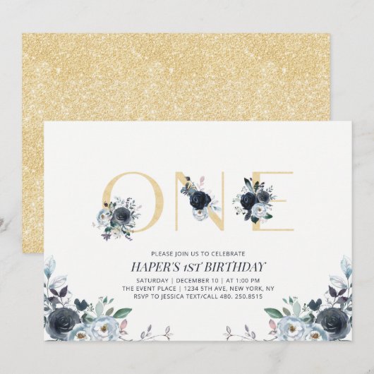 Navy & Goud Boho Bloemstuk Eerste 1e Verjaardagsfe Kaart (Voorkant / Achterkant)