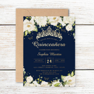Navy Goud Champagne Bloemachtige Quinceanera Folie Uitnodiging