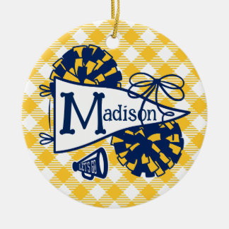 Navy Goud Cheer Wimpel Gingham Persoonlijk Keramisch Ornament