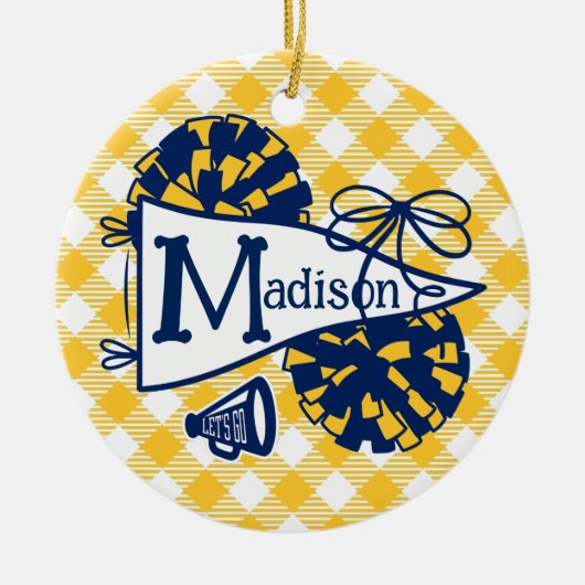 Navy Goud Cheer Wimpel Gingham Persoonlijk Keramisch Ornament (Voorkant)